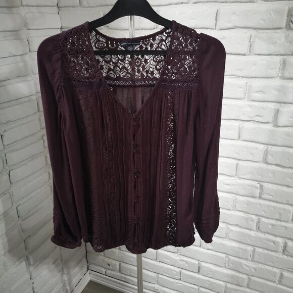 American Eagle Outfitters Ladies Burgundy Long Sleeves Blouse - Picture 1 of 14